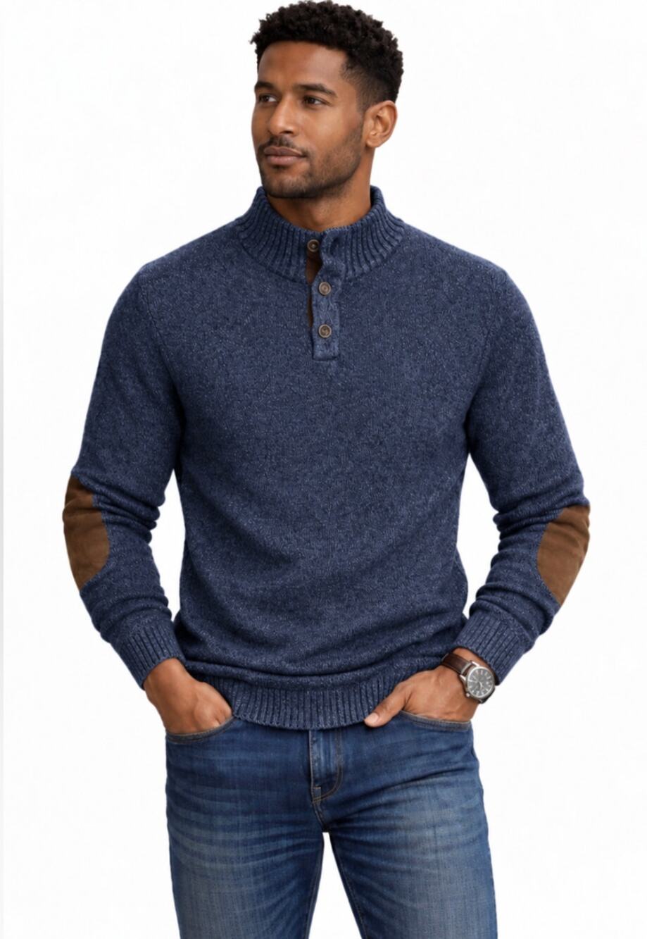 Chaps Men's Small Navy Cotton Henley Sweater Elbow Patches Preppy